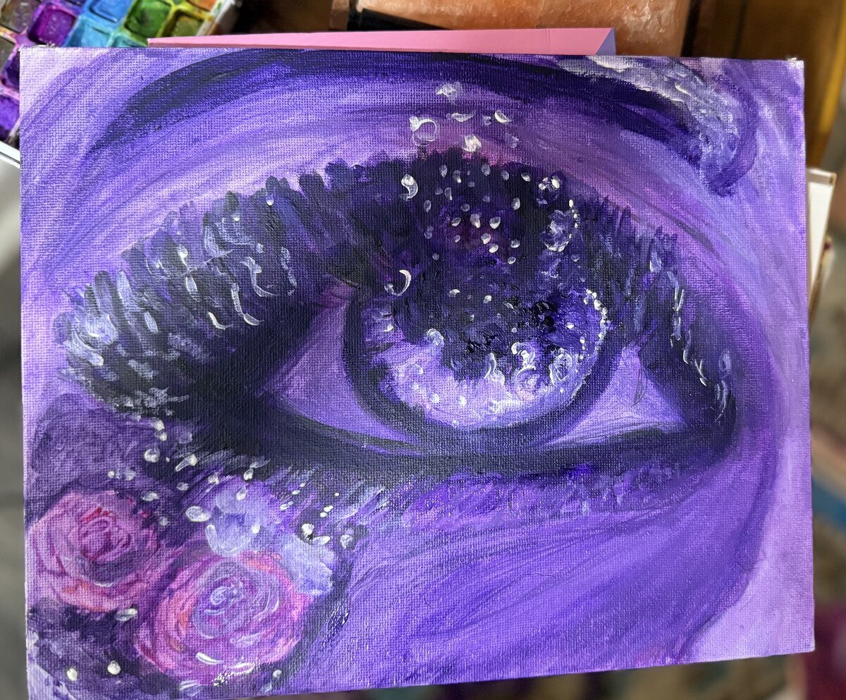 Original acrylic painting of an eye in deep purples with roses
