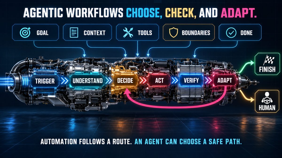 Agentic workflow drawn as an engine: goal, context, tools, boundaries, and done feed a sequence of trigger, understand, decide, act, verify, and adapt, with a loop from adapt back to decide and two exits, finish or hand off to a human. Text on the image: automation follows a route; an agent can choose a safe path.