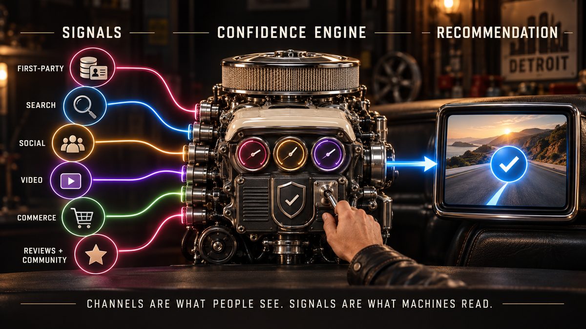 A Detroit muscle-car engine labeled Confidence Engine, fed by six glowing lines for first-party, search, social, video, commerce, and reviews, with an arrow out to a screen showing a checkmark recommendation.
